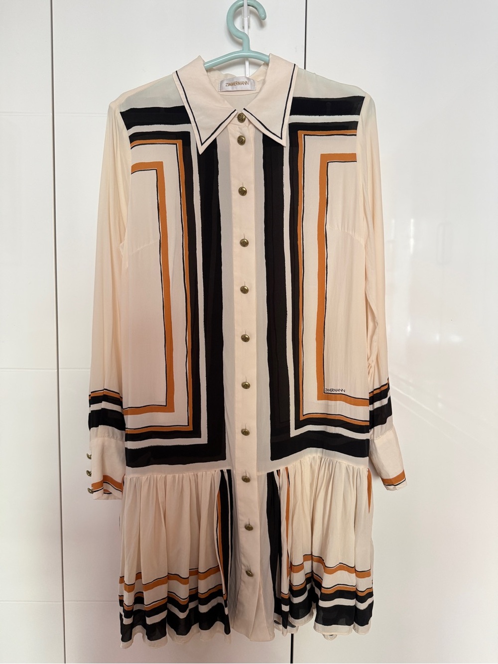 Zimmermann Cream Geometric-Print Long-Sleeve Shirt Dress